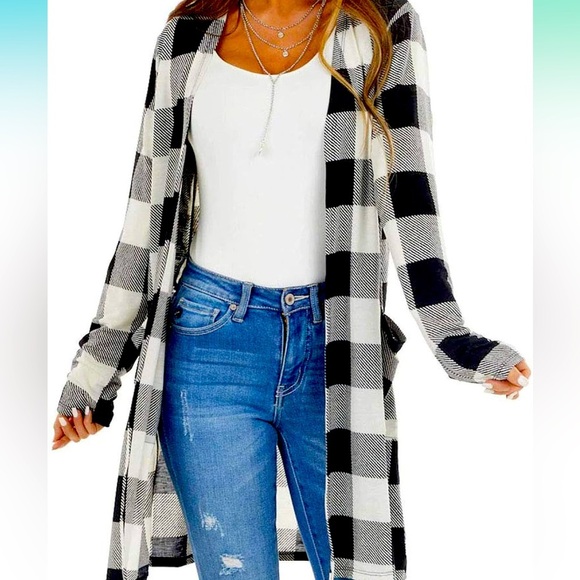 Sweaters - Buffalo Plaid Open Front Cardigan Sweater with front pockets - Black/White, XXL